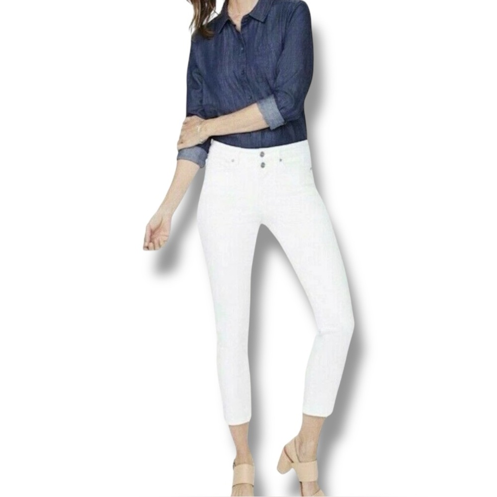 NYDJ Sheri Slim Straight Leg Cropped Optic White Jean Double Button/Snap Closure